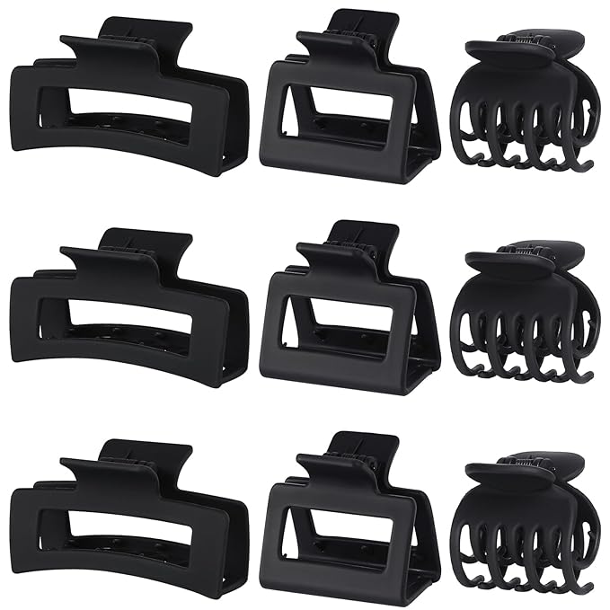 3 Style Hair Claw Clips 9 pcs Medium Claw Clips Hair Clips for Women Rectangle Claw for Thick Hair Square Hair Clips for Thin Hair Accessories for Women (Black)