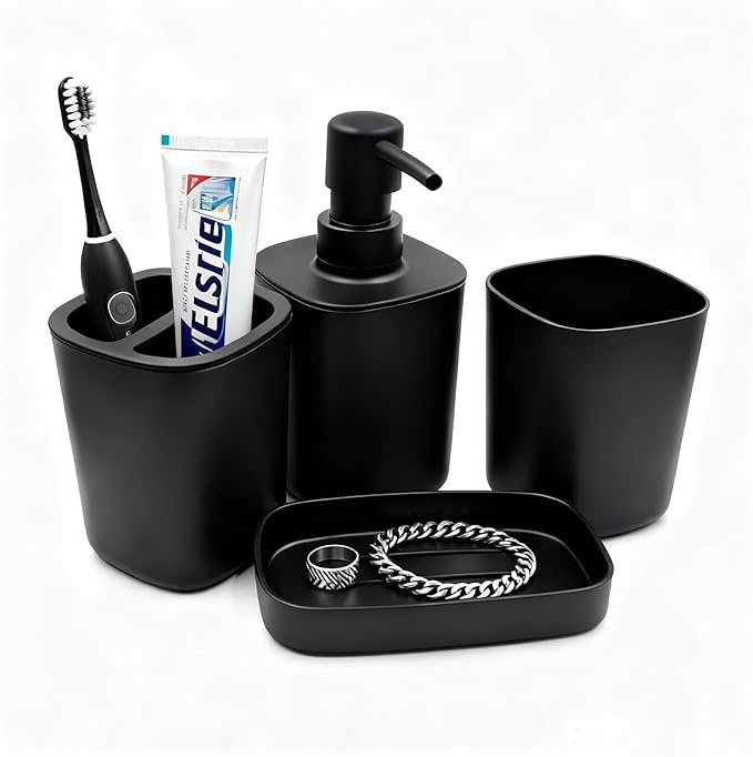 LGURT Matte Black Bathroom Decor Set – 4-Piece Plastic Modern Bathroom Accessories Set with Soap Dispenser, Toothbrush Holder, Rinse Cup & Soap Dish. Countertop Organizer for Home Bathroom Decor