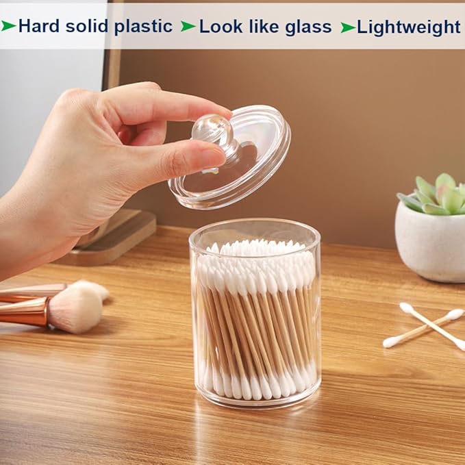 WISIEW Swab Holder Canisters with Lid, Bathroom Qtip Dispenser Apothecary Jars, Clear Plastic Cotton Ball Pad Container for Cotton Swabs, Q-Tips, Make Up Pads, Cosmetics