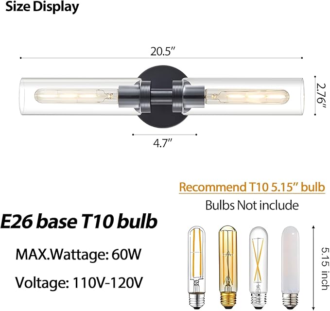 2 Light Bathroom Wall Sconce Set of 2,Modern Farmhouse Black Bathroom Light Fixture Over Mirror with Clear Glass Shade,Bathroom Vanity Light for Hallway Cabinet Bedroom Stairway Porch