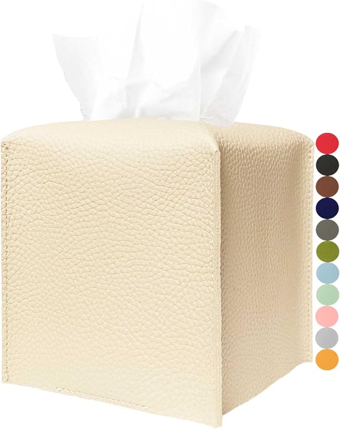 Tissue Box Cover Tissue Holder – Square Leather Tissue Box Holder with Bottom Belt [JESMINI, Beige] Modern PU Leather Tissues Cube Box Cover for Bathroom Countertop/Night Stands/Office
