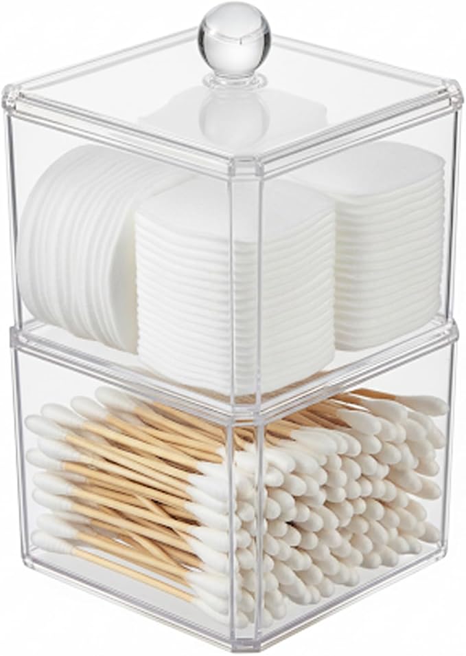 VIPTUVI Cotton Swab Holder with Clear Lid, Double Layer Stackable Apothecary Jar for Bathroom Vanity, Cotton Ball Container & Floss Pick Organizer, Dispenser for Hair Tie & Cotton Rounds.