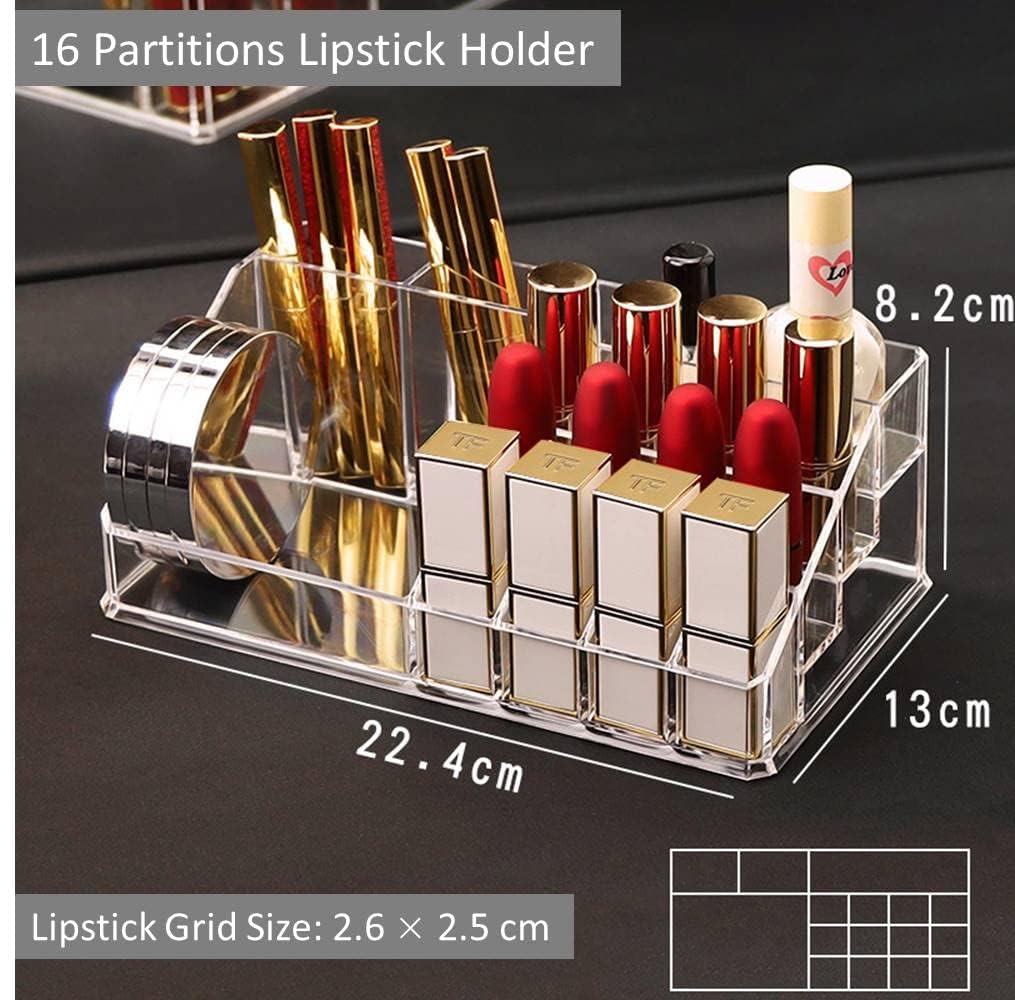 KW Collection Acrylic Makeup Organizer Cosmetic Storage Makeup Display Case Makeup Brush Holder Lipstick Dispenser Canister Bathroom Container (8.7x 5 x 3.2 in, 16 Partitions, Transparent)