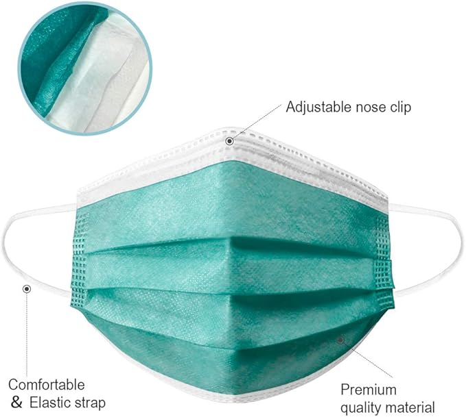 4 Ply Disposable Face Mask Protective(50PCS), Elastic Earloops, Single Use- Green