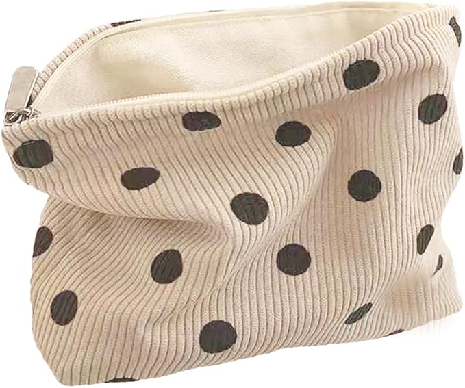 SxoSyo Corduroy Makeup Bags, Polka Dot Cosmetic Bag for Purse, White