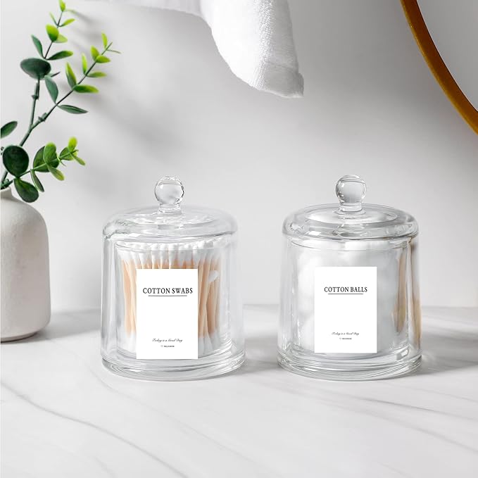 rejomiik 2 Pack Qtip Holder Thick Glass Apothecary Jars with Lid for Bathroom Accessories Vanity Organizers and Makeup Storage for Cotton Ball, Swabs, Makeup Sponges, Candy, Jewelry, Clear