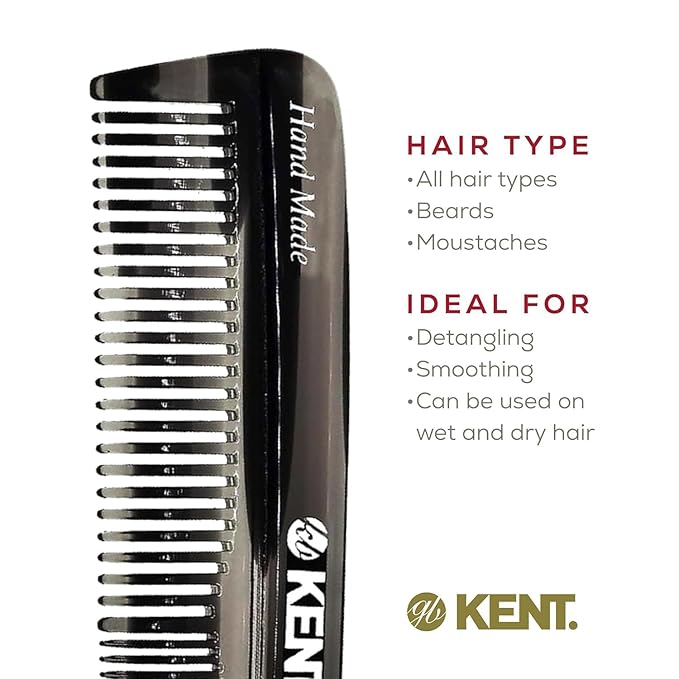 Kent R7T Graphite Fine Tooth and Wide Tooth Hair Comb - Handmade Pocket Comb for Men, Best Beard and Mustache Comb for Everyday Grooming, Sawcut made in England