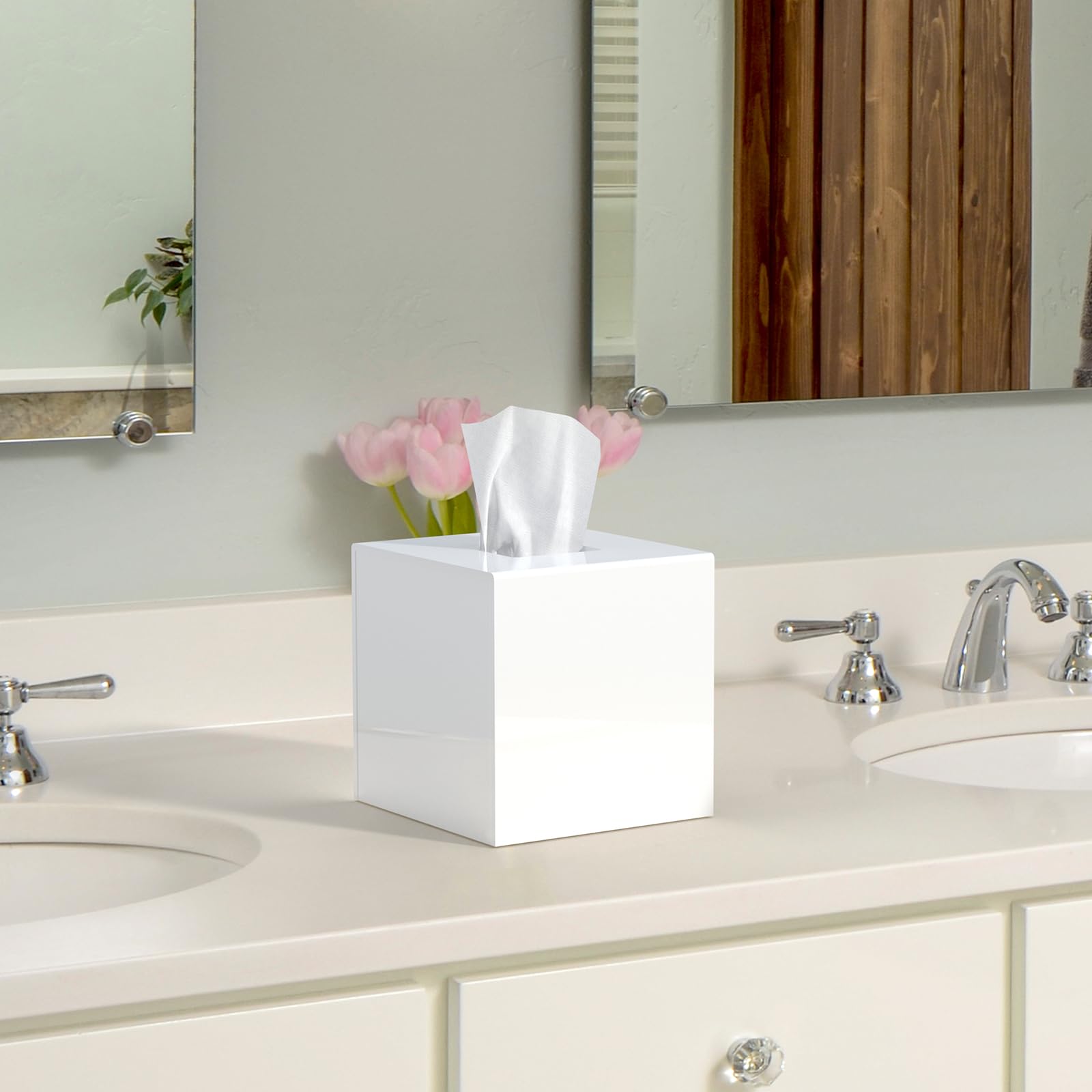 Tissue Box Cover Square, Stylish Acrylic Tissues Holder, Square Facial Tissue Holder, ModernTissue Dispenser for Bathroom Vanity Bedroom Office, Shiny White