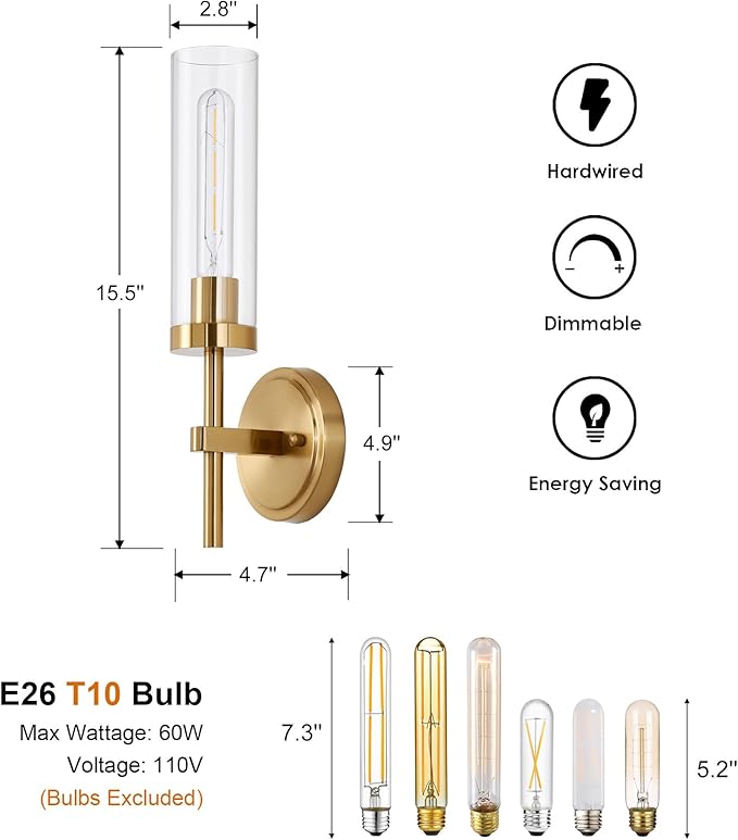Hardwired Wall Sconces Set of Two, Brushed Gold Bathroom Sconces Wall Lighting Vanity Light Fixtures with Clear Glass, Brushed Brass Wall Decor Lights for Mirror Living Room Bedroom Hallway Stairwell