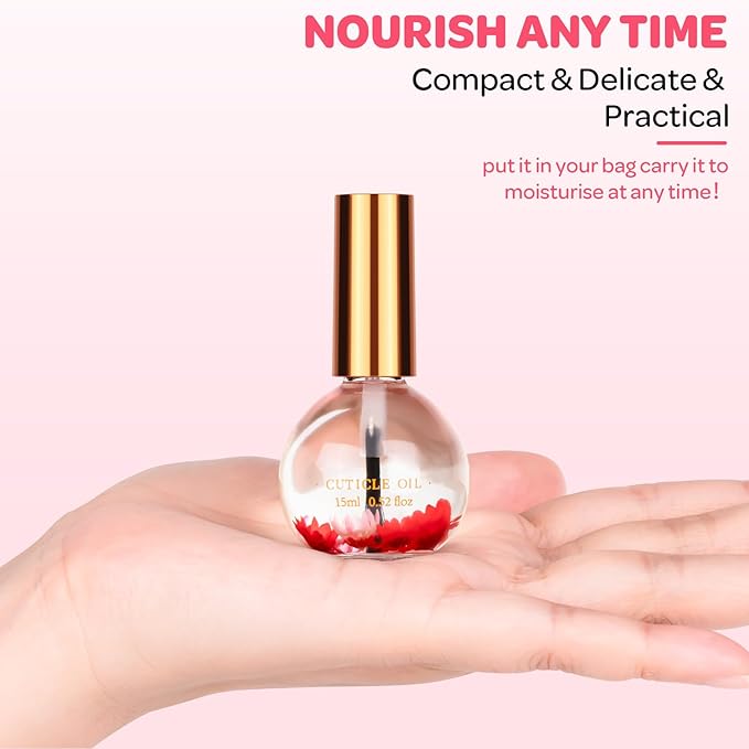 JIASHENG Cuticle Oil, Strawberry Nail Oil Infused with Real Flowers 15ml