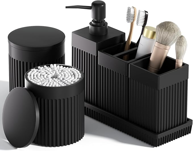 InnJoey 6-Piece Black Bathroom Set - Sleek Resin Organizer with Soap Dispenser, Toothbrush Holder, Vanity Tray, Tumbler & Apothecary Jars for Small Spaces