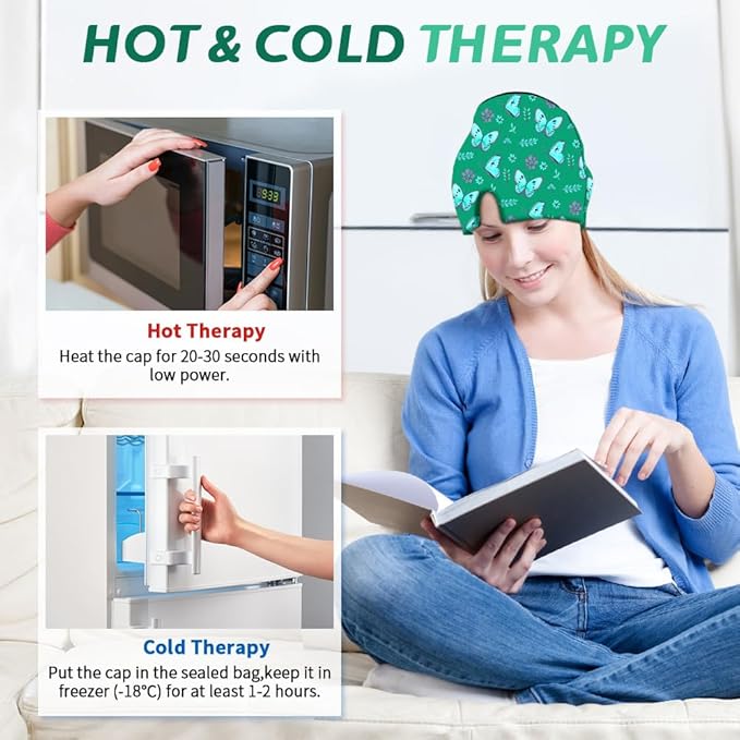 Migraine Relief Cap, Soothing Headache Ice Face Mask Products, Hot and Cold Therapy, Migraine Headache Relief Cap for Migraine, Sinus, Puffy Eyes, Tension, Stress and Hangover (Pink+Green)