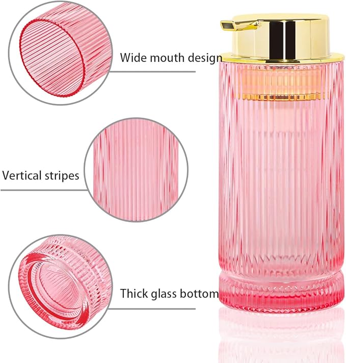 Tonxus Foaming Soap Dispenser, Pink Glass Foam Hand Soap Dispenser with Gold Pump, 14 Oz Bathroom Refillable Liquid Lotion Pump Ribbed Bottle Container for Kitchen Countertop Decor, 1