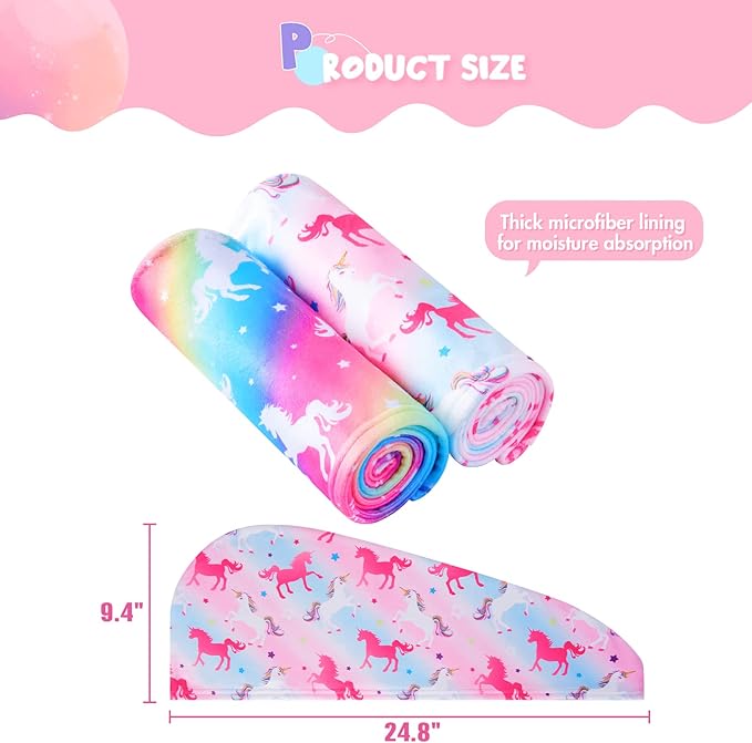 2 Pack Kids Hair Drying Towels Girls Unicorn Wet Hair Towel Quick Dry Twisty Hair Towels (Rainbow Unicorn)