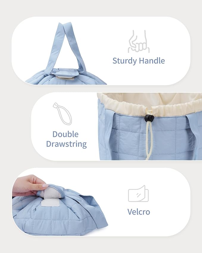 Narwey Lay Flat Open Drawstring Puffer Makeup Bag, Large Quilted Cosmetic Bag for Women Girls, Cute Make up Bags with Handle, Travel Toiletry Bag for Skincare, Brushes & Travel Essentials (Blue)