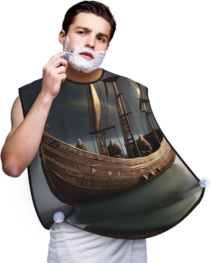 Nordic Pirate Ship Print Beard Bib Apron For Men, Beard Hair Catcher For Men Shaving Trimming,Beard Cape Cloth