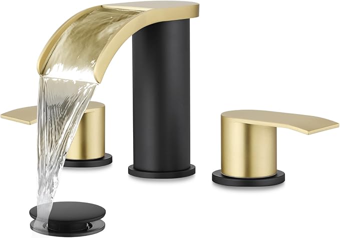 gotonovo Waterfall 8 inch Widespread Bathroom Faucet Set Bathroom Sink Faucet 3 Hole 2 Handle Vanity Lavatory Deck Mount with Pop Up Drain and Water Supply Lines Round Body Gold and Matte Black