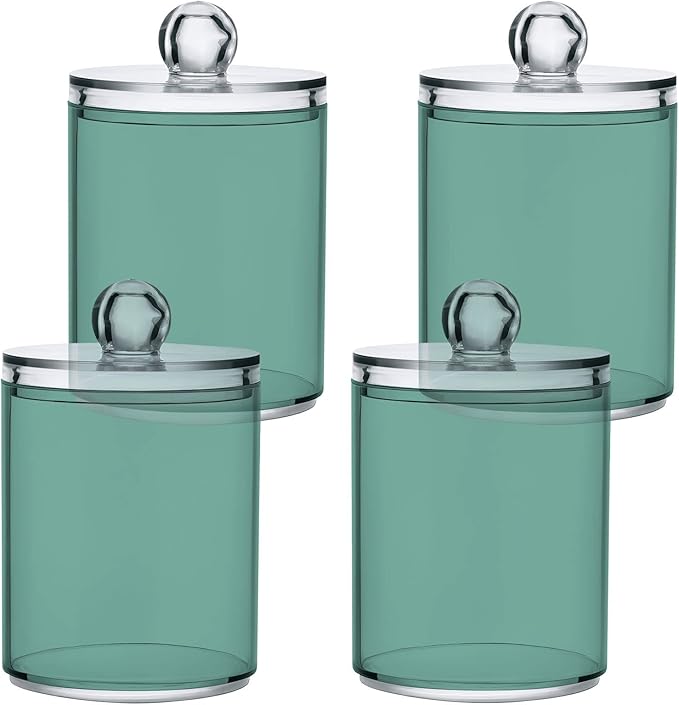 Teal Green Retro Qtip Holder Organizer Dispenser Cotton Swabs Cans Plastic Jars with Lid Set 4 Pack Bathroom Storage Canister for Cotton Ball Floss Cotton Pads