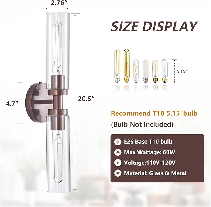 2 Light Bathroom Wall Sconces Set of 2,Modern Farmhouse Bronze Bathroom Light Fixture Over Mirror with Clear Glass Shade,Bathroom Vanity Light for Hallway Cabinet Bedroom Stairway Porch