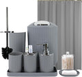 Grey Bathroom Accessories Set, 10Pcs Bathroom Accessory Sets Complete with Trash Can, Shower Curtain, Vanity Tray, Soap Dispenser, Soap Dish, Toothbrush Holder&Cup, Toilet Brush&Holder, Qtip Holder