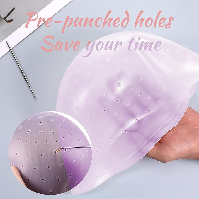 LIQWEI Punched Silicone Highlight Hair Cap with Needle, Professional Reusable Highlighting Poked Hole Caps with Hooks for Color Hair Salon Hairdressing Dyeing Staining Tools for Women Men