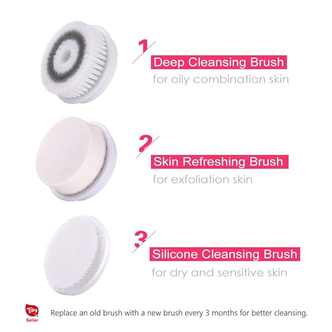 TOUCHBeauty Facial Cleansing & Exfoliator Brush Set with Travel Case 3 Professional Cleansing Brush Heads for Oil/Sensitive/Combination Skin |Waterproof, Dual Speed