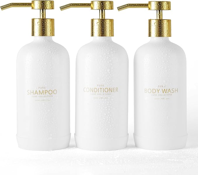 Janxin Shampoo and Conditioner Dispenser Set of 3,Refillable 20.5OZ Shampoo Bottles with Non-Slip Protective Silicone Pad,Shower Soap Dispenser with Waterproof Labels for Bathroom (White)