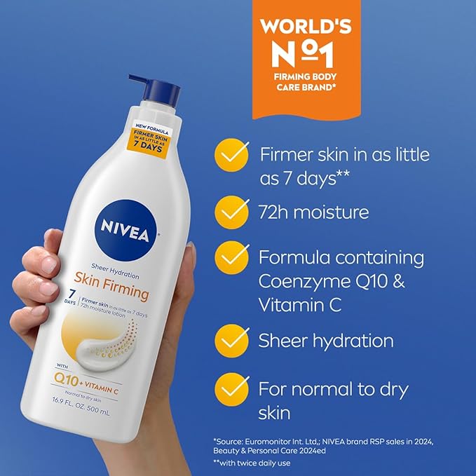 NIVEA Sheer Hydration Skin Firming Body Lotion with Q10 and Vitamin C, 72-Hour Body Moisturizer for Normal to Dry Skin, 16.9 Fl Oz Pump Bottle