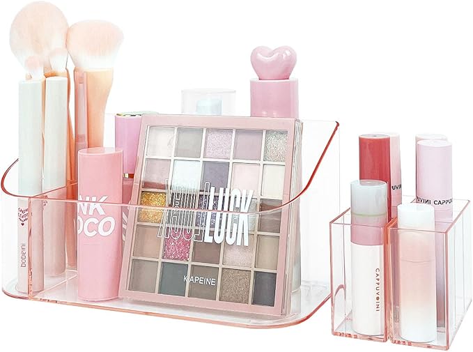Makeup Tray Holder Organizer Cosmetic Display Case Tabletop Desktop Vanity Countertop Bathroom Wall Cabinet Medicine Storage Box 9 Dividers 2 Removable Women Ladies Girls Gifts Crystal Pink 1 PACK