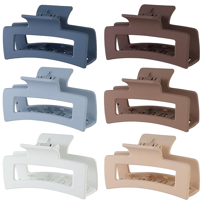 Sisiaipu Hair Clip, 3.5 Inch Medium Hair Claw Clips 6 Pack for Women - Brown, Blue, Beige, White, Square, Rectangle, Banana, Jaw Styles