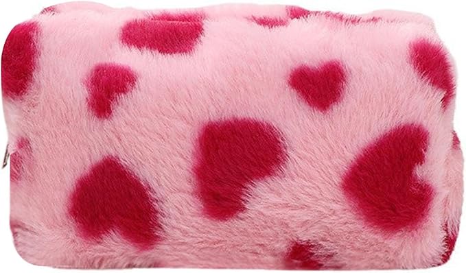 HABUAETY Makeup Bag Small Cosmetic Bags for Purse Women Girls Plush Simple Heart Make Up Pouch