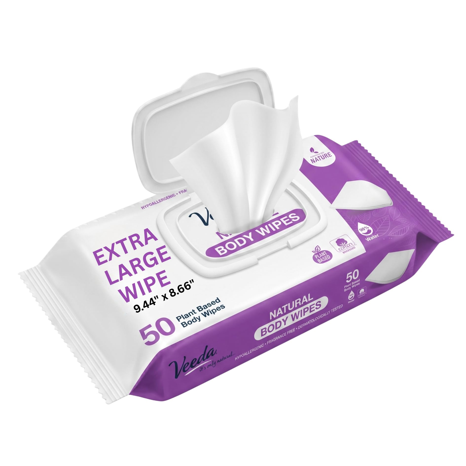 Veeda Extra Large Body Wipes for Adults (8.66” x 9.44”) – 50 Count, Thick & Durable, Plant-Based Shower Wipes for Gym, Camping & Travel, Hypoallergenic, pH Balanced, Biodegradable