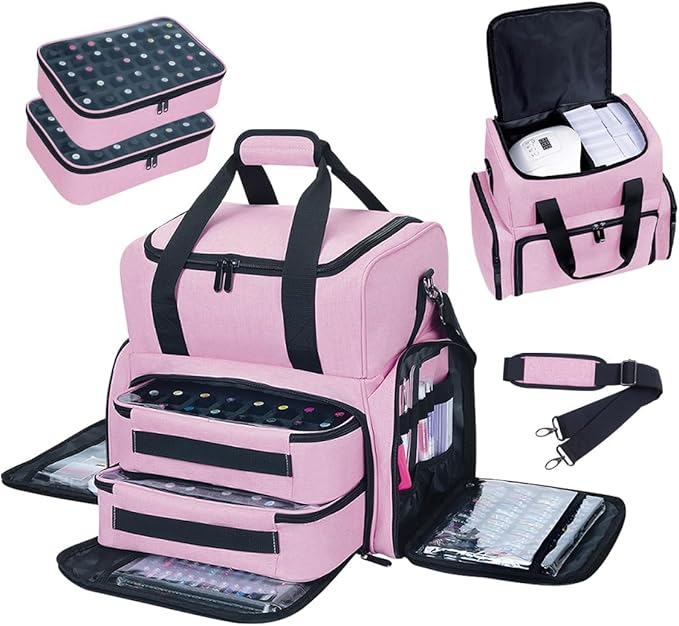 Nail Polish Organizer Case Holds 80 Bottles (15ml - 0.5 fl.oz) and a Nail Lamp,Nail Polish Case with 2 Removable Bags and Tools Storage Sections Pink