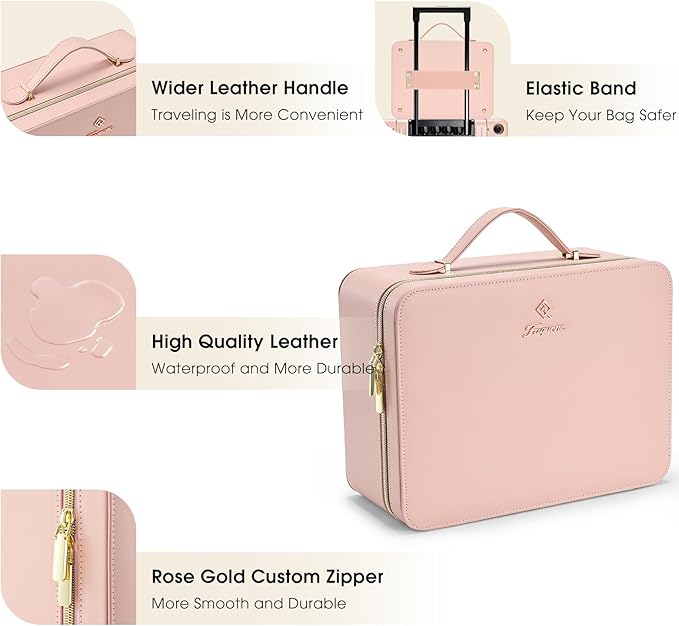 Faquenc Leather Makeup Case with LED Lighted Mirror 11.4 Inch Travel Makeup Bag Adjustable Brightness in 3 Colors Cosmetic Organizer Artist Storage Bag with Dividers Brush Holder Storage Vanity Pink