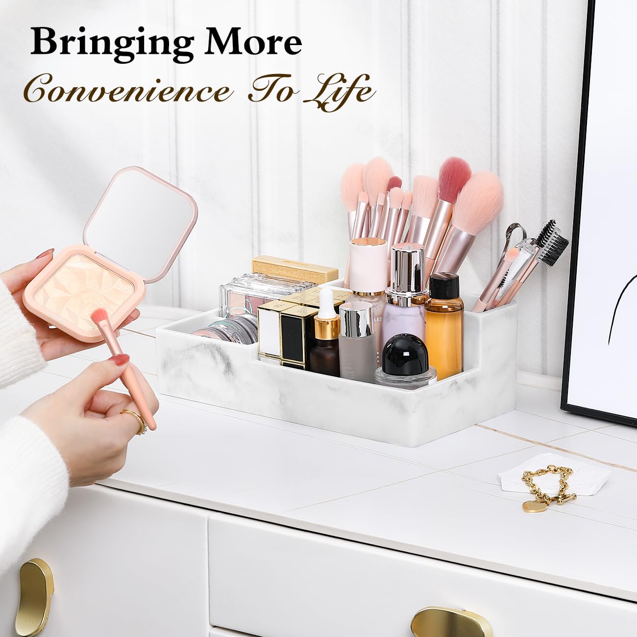 Luxspire Bathroom Counter Organizer, Marble Toothbrush Holder for Bathroom 6 Slot, Bathroom Vanity Organizer with Lid, Bathroom Organizer Countertop for Cotton Ball, Q-Tips, Floss, Gravel White
