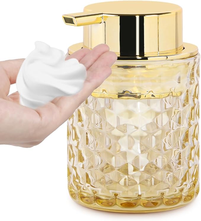 Fvstar 10 Oz Glass Hand Soap Dispenser with Pump, Refillable Bathroom Gold Foaming Soap Dispenser, Vintage Glass Diamond Lotion Container Bottle for Bathroom and Kitchen (1, Amber and Gold)