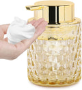 Fvstar 10 Oz Glass Hand Soap Dispenser with Pump, Refillable Bathroom Gold Foaming Soap Dispenser, Vintage Glass Diamond Lotion Container Bottle for Bathroom and Kitchen (1, Amber and Gold)