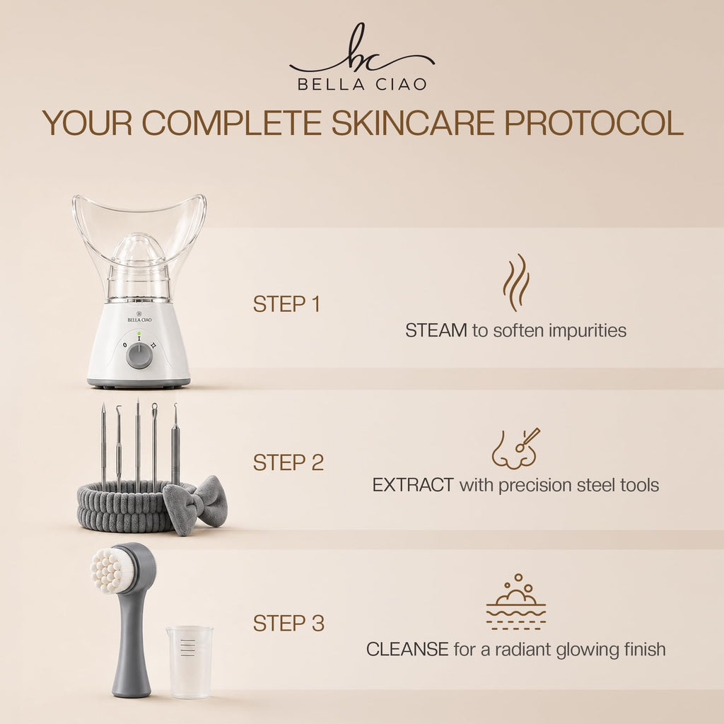 Bella Ciao Face Steamer, 11 Pc Facial Kit, Home Spa Kit, Gray/White