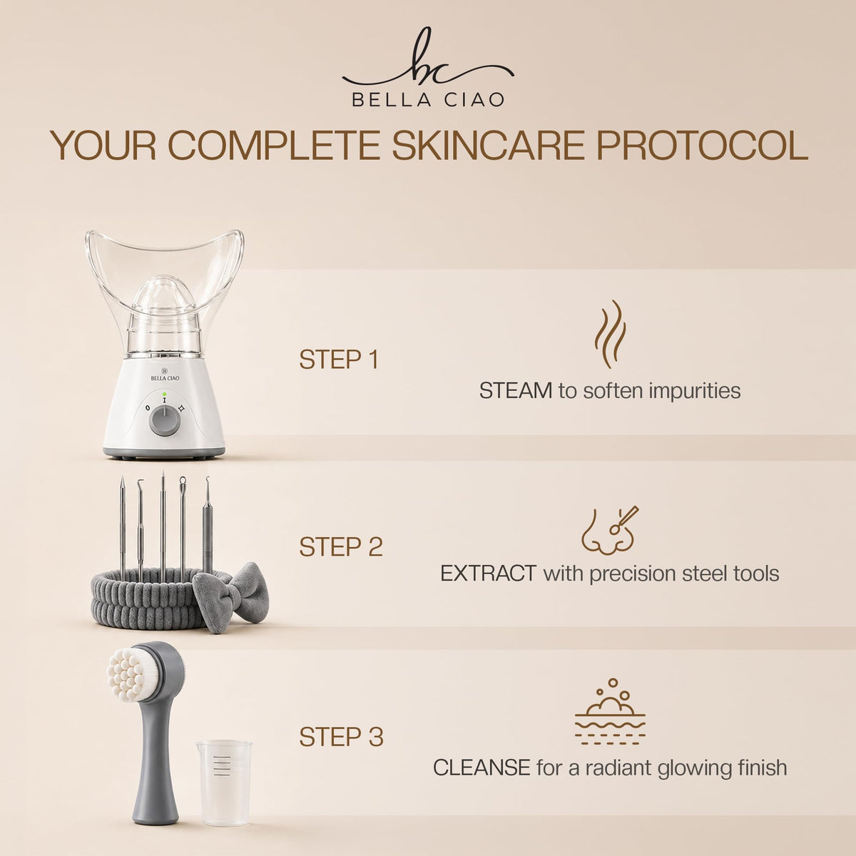 Bella Ciao Face Steamer, 11 Pc Facial Kit, Home Spa Kit, Gray/White