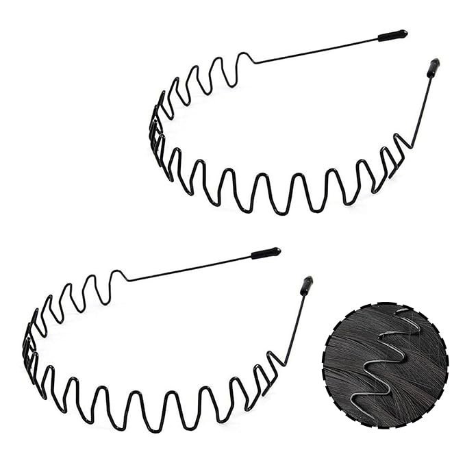 Mens Headbands Metal Hairband Wavy Hairbands Boys Metal Headband Black Zigzag Unisex Outdoor, Sports, Everyday Wear Hair Bands. (2 Pcs)
