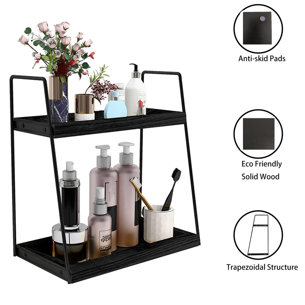 Dorhors 2 Tier Bathroom Counter Organizer Storage,Vanity Organizer for Bathroom Counter,Wood Standing Rack for Kitchen(Black)