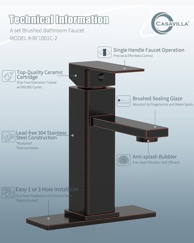 Bathroom Sink Faucet, Oil Rubbed Bronze Bathroom Sink Faucets & Parts(Pop-up Drain+6" Escutcheon Plate+Supply Hoses), Single Handle for Modern Farmhouse RV Sink