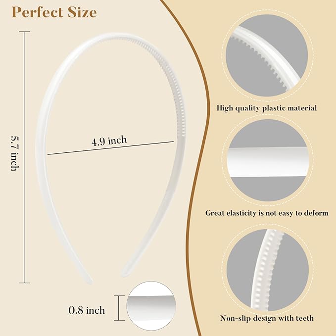 Plastic Thin Skinny Headbands - Headband for Women - Plain Headband for Girls DIY - Hair Bands Teeth Comb Headbands Halloween Comb - White