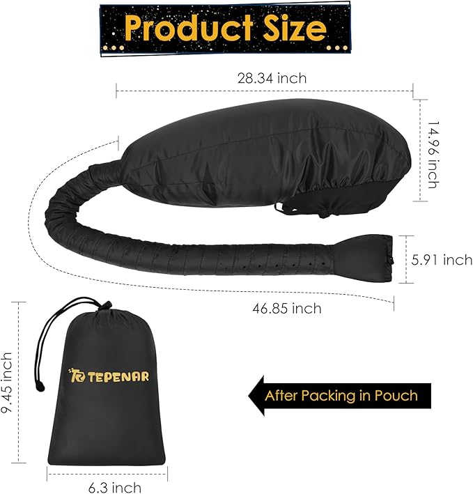 TEPENAR Hair Dryer Bonnet Attachment: Upgraded Extra Large Hooded Dryer Adjustable Hair Dryer Caps - Easy to Use for Natural Curly Textured Hair Care Styling Fast Drying - Black