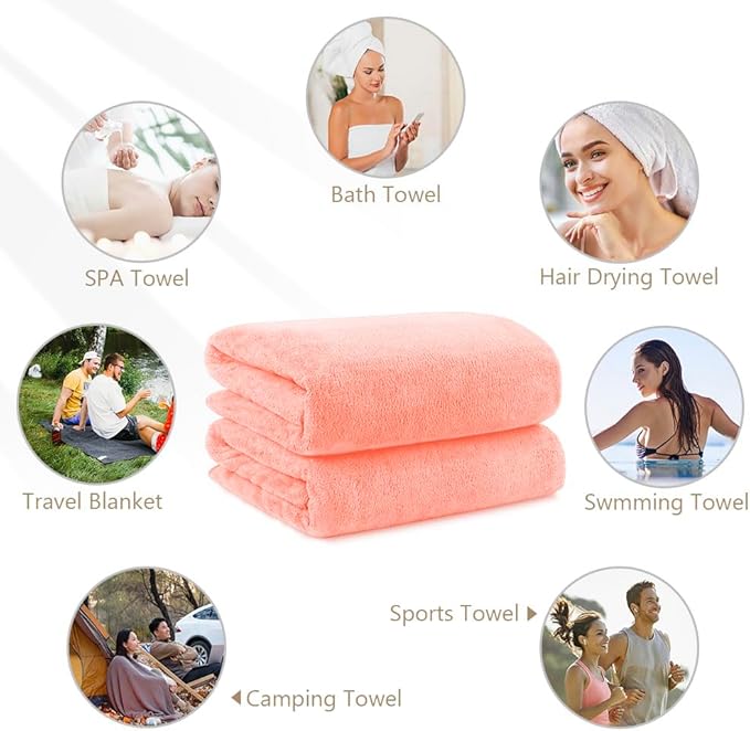 Orighty Microfiber Bath Towels Pack of 2(27'' x 54'') - Soft Feel, Highly Absorbent, Quick Drying for Body, Sport, Yoga, SPA, Fitness - Pink
