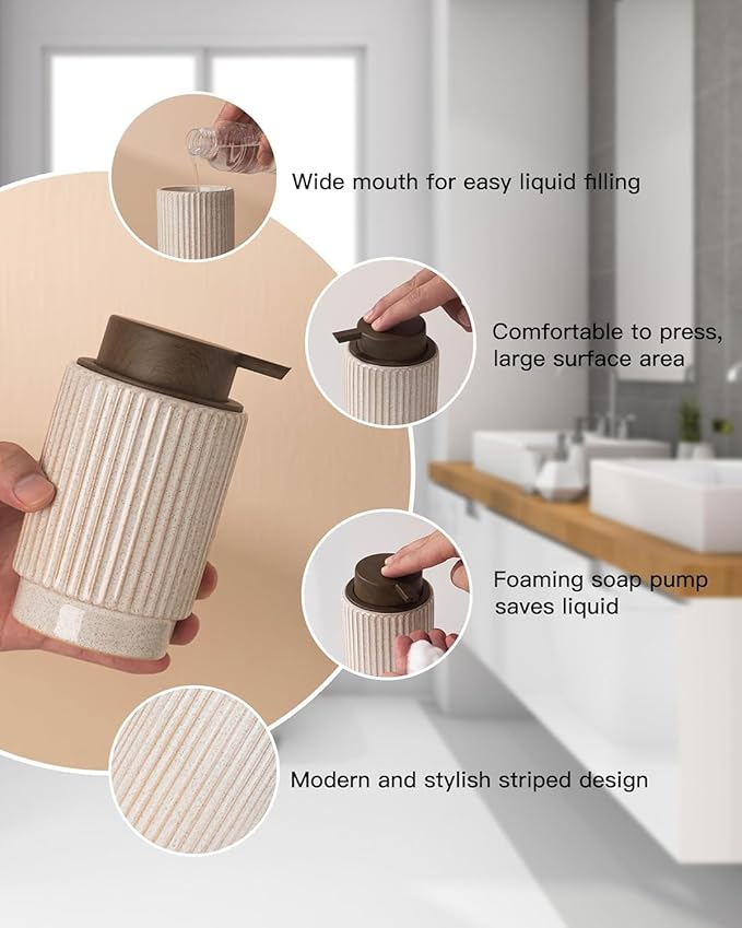 Fun Elements Foaming Soap Dispenser, Wood Grain Plastic Soap Dispenser, 10oz Refillable Bottle for Liquid Soap - Kitchen, Sink, Bathroom