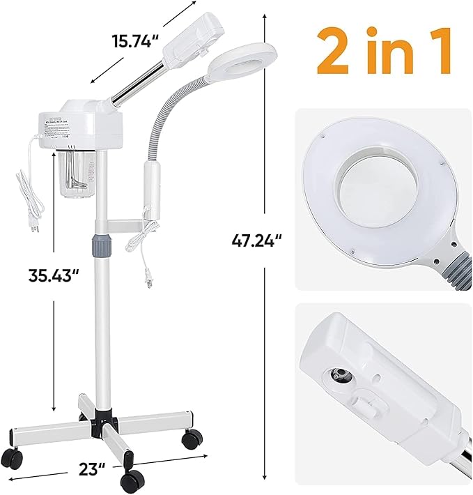 BBBuy 2 in 1 Facial Steamer Professional Nano Ionic Face Deep Cleansing Hydration with 5X Magnifying LED Lamp & Rolling Wheels, High Frequency, Portable Home Spa Salon Beauty Skin Care Equipment