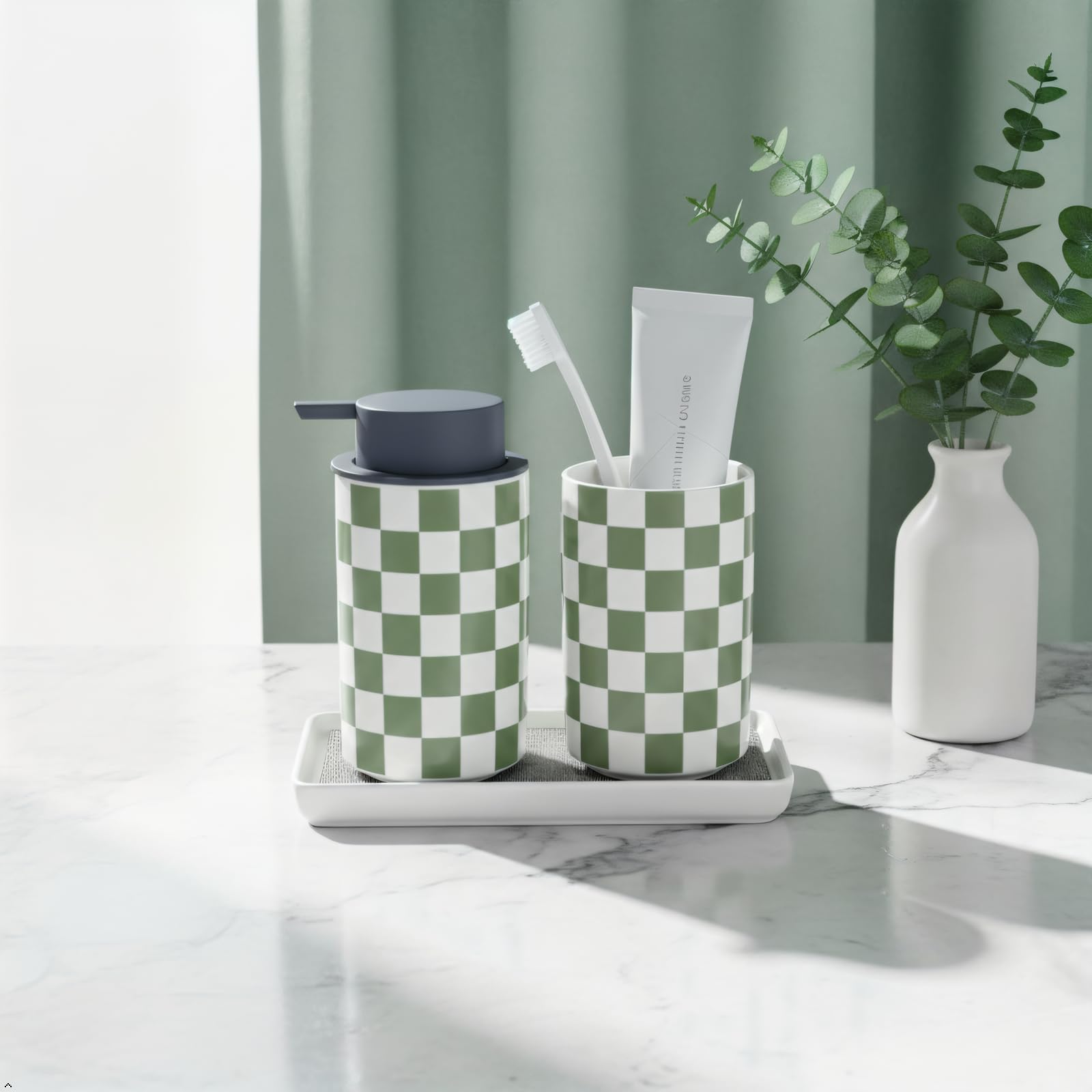 Foaming Soap Dispenser, Green Foam Hand Soap Dispenser for Bathroom/Kitchen Countertop, Ceramic Cute Modern Foamy Soap Bottle for Guest Bathrooms- Sage Green Bath Decor