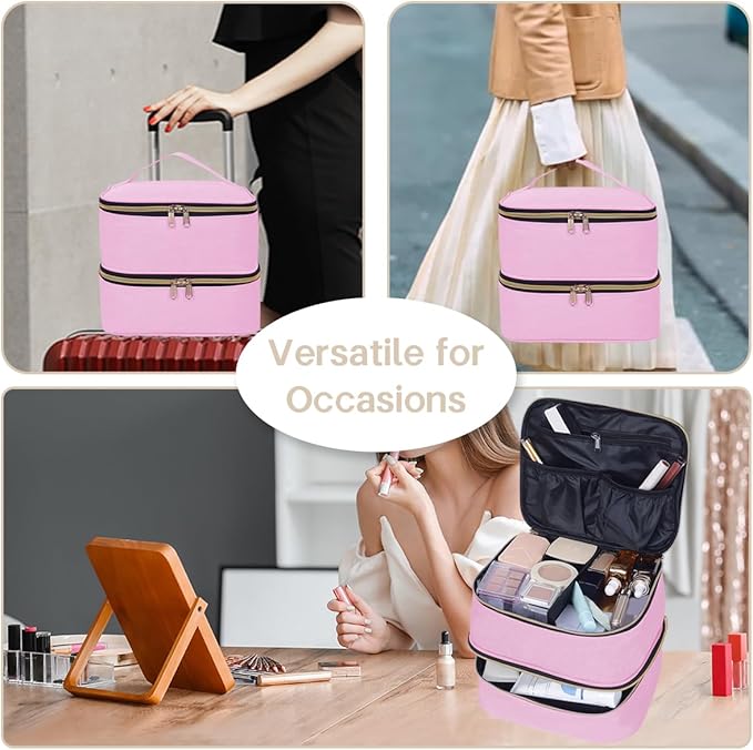 TANPADUAJI Double Layer Makeup Bag Portable Large Cosmetic Case Organizer with Adjustable Dividers Storage Travel Bag for Accessories Brushes Conditioner and Skin Care Products (Pink Gold)
