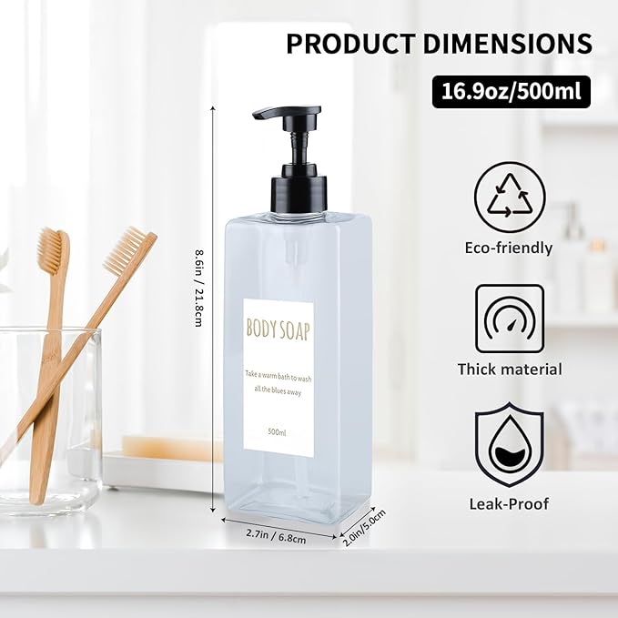 DEROANBOTT Shampoo and Conditioner Dispenser (Set of 2, 16.9oz) Modern Refillable Shampoo Pump Bottles for Shower Soap - Empty Body Wash Dispenser Set for Bathroom (Transparent)